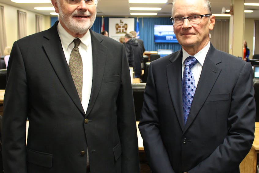 Former Public Utilities Board chair David Vardy (left) and former city manager and provincial deputy minister of public works Ronald Penney (right) have been talking and writing about their concerns and doubts around the Muskrat Falls hydroelectric project for years. They were called to the stand Wednesday at the Muskrat Falls Inquiry hearing room at the Beothuck Building in St. John’s.