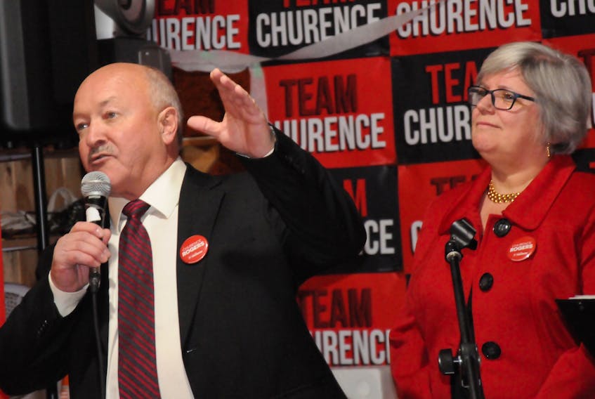 Churence Rogers, with his wife, Yvonne, gives his acceptance speech after securing the Bonavista-Burin-Trinity byelection win for the Liberals on Monday.