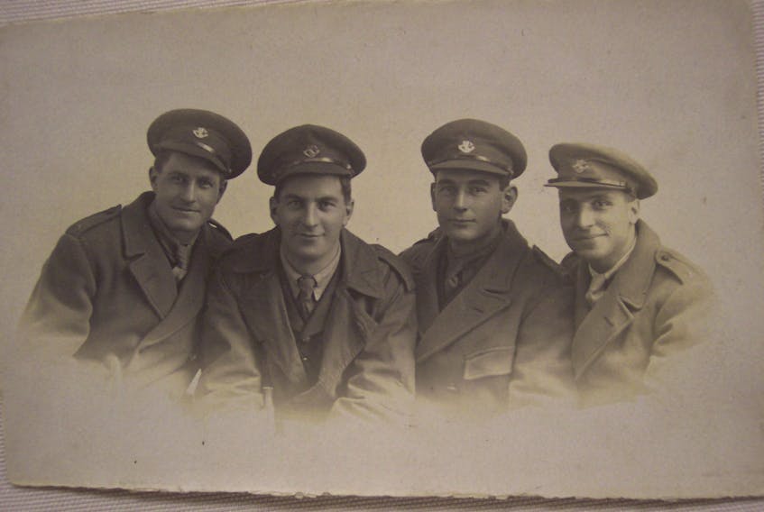 Members of the 1st Battalion of the Royal Newfoundland Regiment who were saved, as described in Fredrick Wornell’s letter, were (left to right) Wornell, Billie Mac, Father Thomas Nangle and Bernard Forsey.
