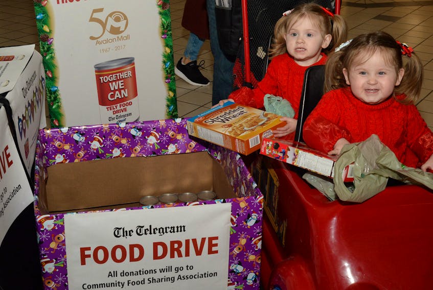 Among those donating to the Christmas food drive Wednesday at the Avalon Mall were two-year-old twins Gabriella and Sofia Wall of St. John’s, who were at the mall with their parents, Jeff Wall and Amanda Russell, to meet Santa Claus for a photo and to make a donation.