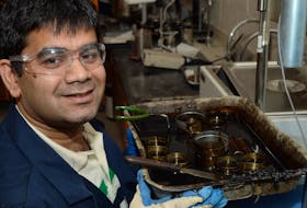 Kamal Hossain, an assistant professor of civil engineering at Memorial University, displays a pan of samples of oil that are used to make asphalt, in his MUN lab on Thursday morning.