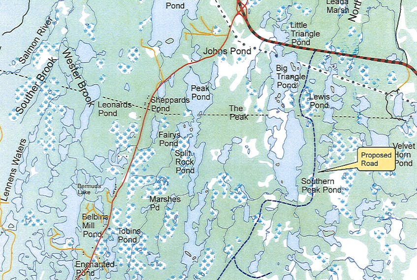 The area of the mineral access road, as originally proposed by Eagleridge International in the registration for environmental assessment with the province in September 2013.