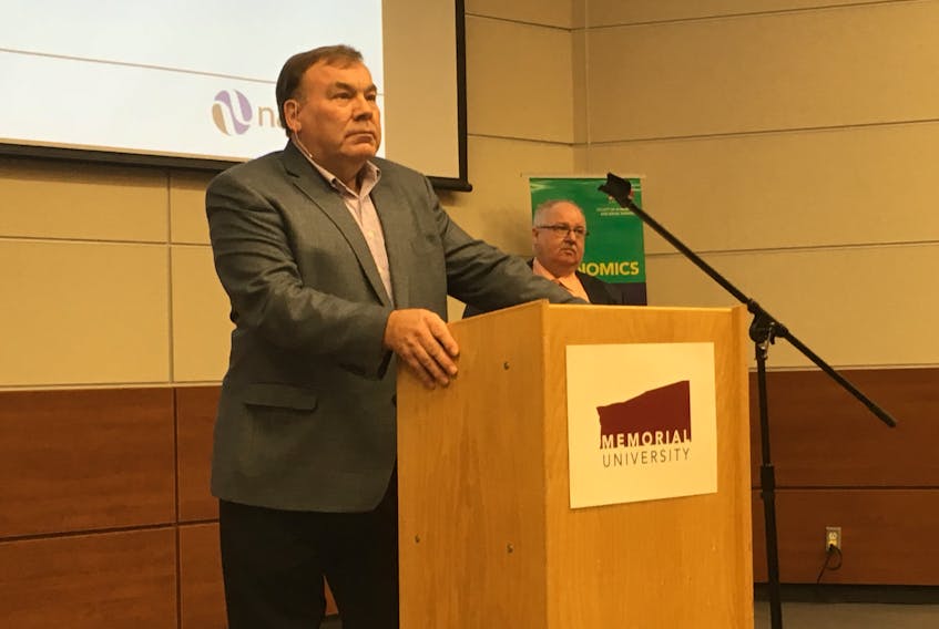 Nalcor Energy president and CEO Stan Marshall speaks Thursday at an event in the Bruneau Centre at Memorial University.