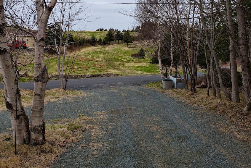 Paul Furey’s driveway looking across to the meadow in Chapel’s Cove where his neighbour caught on fire this week.