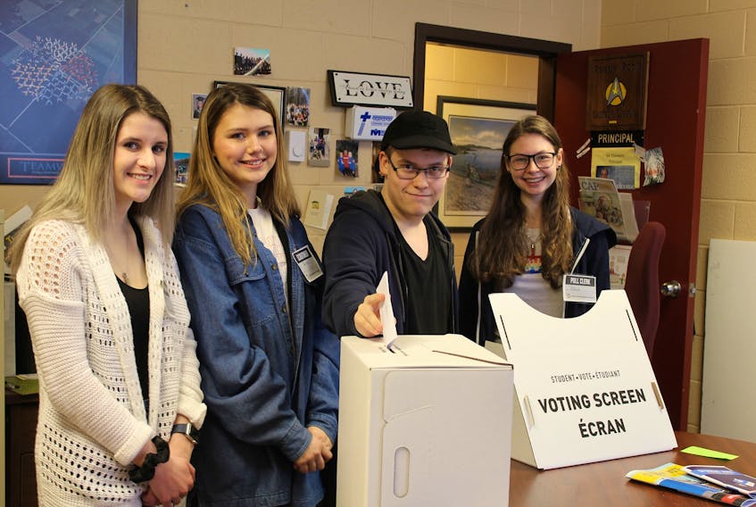 O’Donel High School Level III students (from left) Sarah Walsh, Beth Brocklehurst, Nathan James and Olivia Lawrence are among the 200 students at the school and 10,000 provincewide who are participating in Student Vote Newfoundland and Labrador 2019 in conjunction with today’s provincial election.