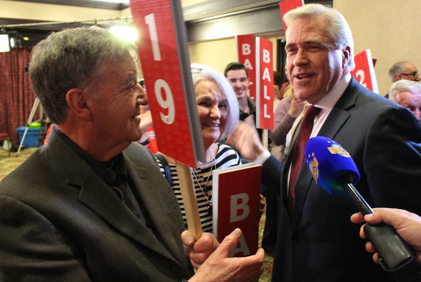 Premier Dwight Ball is greeted by supporters in Corner Brook Thursday night. Ball’s Liberals slipped to minority government status after Thursday’s provincial election with 20 seats in the House of Assembly, 15 for the PCs, three for the NDP and two independents.