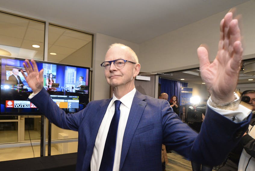 Progressive Conservative Leader Ches Crosbie greets supporters in St. John’s after the final election results Thursday night.