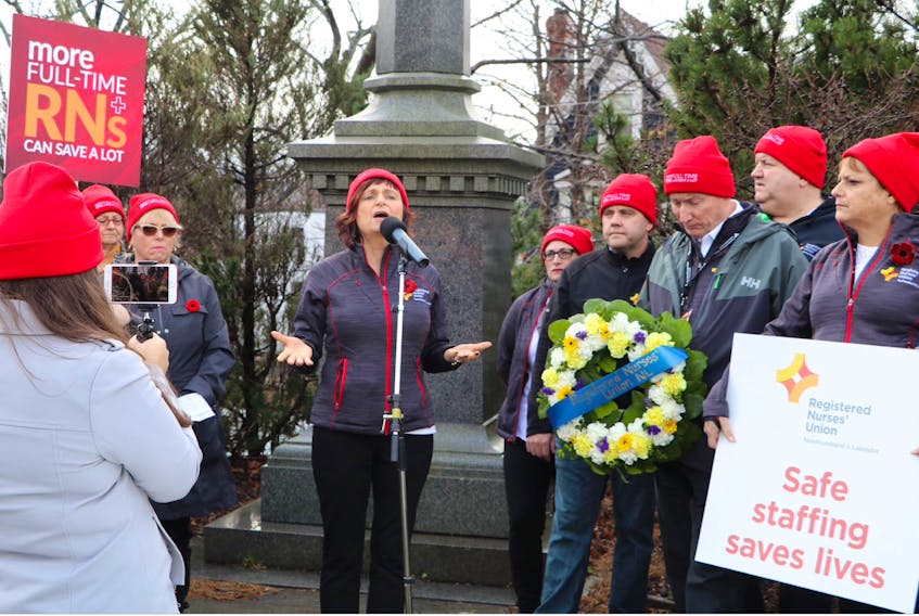 Debbie Forward, president of the Registered Nurses Union of Newfoundland and Labrador, speaks to nurses at a rally in St. John's earlier this year about the need for more full-time nurses in the health-care system.