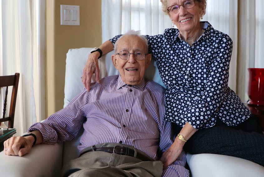 Frank and Rhoda Pike at their St. John’s home. Frank was overjoyed when he read an article last week that a woman and her family in the United Kingdom had been visiting and paying respects at the grave of his brother, Walter, who died during the Second World War.