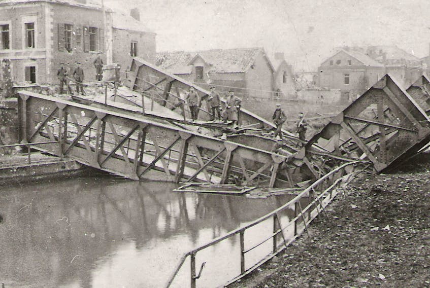 Photo courtesy of the Royal Newfoundland Regiment Museum — The main bridge into Masnières collapsed under the weight of a tank during the attack as part of the Battle of Cambrai on Nov. 20, 1917.