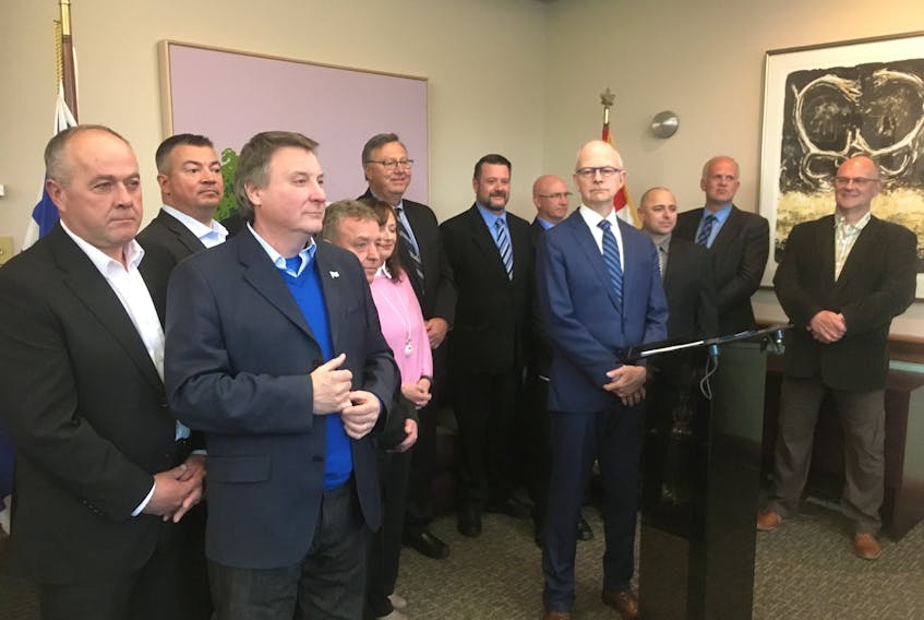 Progressive Conservative Leader Ches Crosbie (fourth from right) stands with Tory MHAs during a news conference Wednesday.
