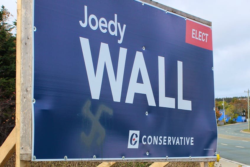 On Tuesday, the day after the federal general election, a campaign sign near the intersection of Thorburn Road and Austin Street belonging to St. John’s East candidate Joedy Wall of the Conservative Party of Canada was spotted with a black swastika spray-painted on it. Many residents in the St. John’s area say they weren’t happy with the negative tone the campaign for this year’s federal general election took. Wall said Tuesday he wasn't aware of the vandalism, and would have the sign removed immediately.