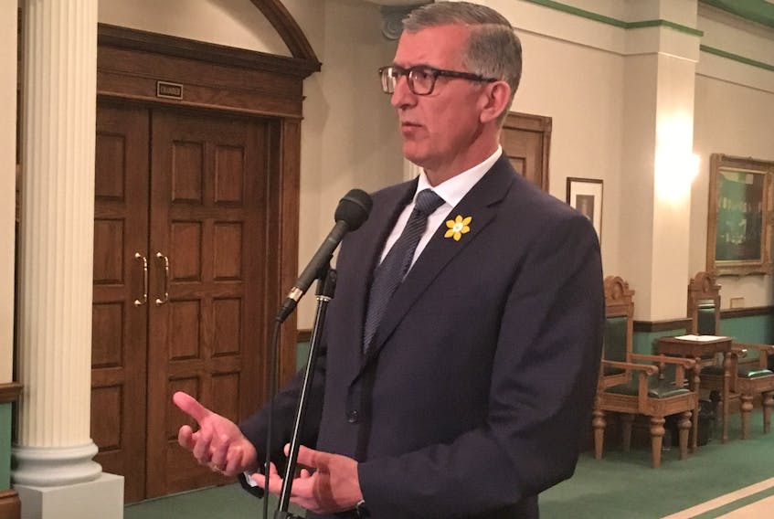 Progressive Conservative Leader Paul Davis speaks to reporters Tuesday outside the House of Assembly.