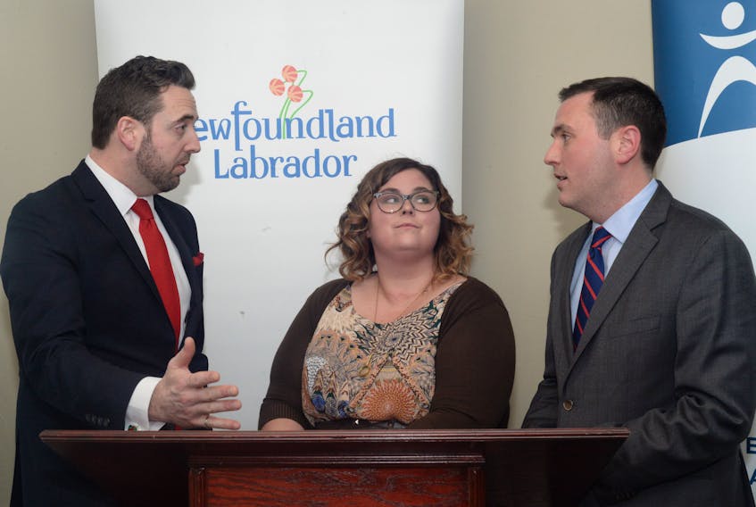 Justice and Public Safety Minister Andrew Parsons (left) chats with Nicole Kieley, executive director of the Newfoundland and Labrador Sexual Assault Crisis and Prevention Centre, and lawyer Kevin O’Shea, executive director of the Public Legal Information Association of Newfoundland and Labrador.