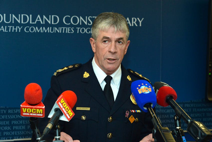 RNC Chief Joe Boland speaks to reporters Wednesday at the RNC’s provincial headquarters in St. John’s about the fatal shooting of a man in Corner Brook by an RNC officer.