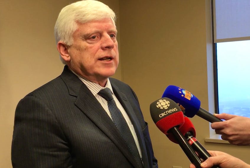 Former Nalcor Energy president and CEO Ed Martin speaks to reporters in St. John’s, in a room outside of the hearing room for the ongoing Muskrat Falls Inquiry on Thursday morning.