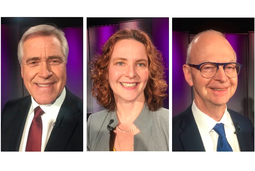 From left, Liberal Leader Dwight Ball, NDP Leader Alison Coffin and Progressive Conservative Leader Ches Crosbie at Wednesday’ night’s televised debate.
