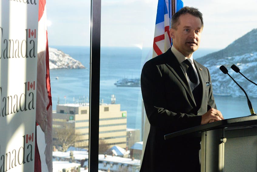 St. John’s South-Mount Pearl MP Seamus O’Regan speaks Tuesday at The Rooms during an announcement of a federal-provincial expenditure of $28.45 million for high-speed internet access in the province.