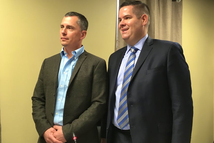 Kelly Williams (left) and BJ Ducey before the start of their testimony at the Muskrat Falls Inquiry on Wednesday morning in St. John’s.