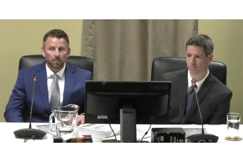 Derek Tisdel (left), vice-president and operations manager for Barnard Construction, and Aaron Rietveld, who worked as a project manager for the Barnard Pennecon partnership on Muskrat Falls, are questioned at the Muskrat Falls Inquiry Thursday in St. John’s.