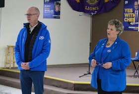 Ches Crosbie and Tory candidate Hilda Whelan address a room of around 50 supporters in Whitbourne on Saturday evening.