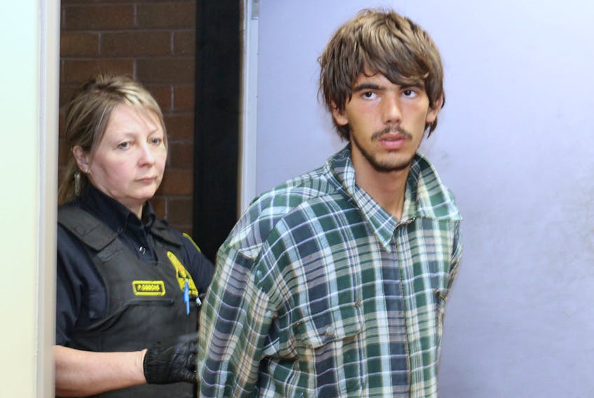 Bradley Steiner, 21, is escorted into provincial court Monday, where he made his first appearance before a judge on a charge of robbery with violence. Steiner is accused of mugging an elderly woman in St. John's Sunday afternoon.