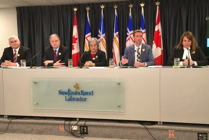 The House of Assembly’s Privileges and Elections Committee (from left: Liberal Scott Reid, Progressive Conservative Keith Hutchings, NDP Lorraine Michael, Liberal John Finn and Liberal Pam Parsons) is proposing the Office of the Citizens’ Representative handle future harassment complaints involving staff or members of the provincial legislature. These individuals aren’t covered by the harassment policy covering the public-sector rank and file.