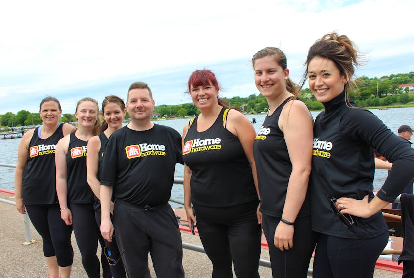 The Telegram, United, Home Hardware rowing team at the Royal St. John’s Regatta time trials on Saturday. From left: Julie Parsons, Stephanie Tuck (stroke), Heidi Keating, Philip Anthony (coxswain), Corrina Fahey, Megan Willette, and Emily Morgan. Missing from photo: Meleny Yetman-Holloway.