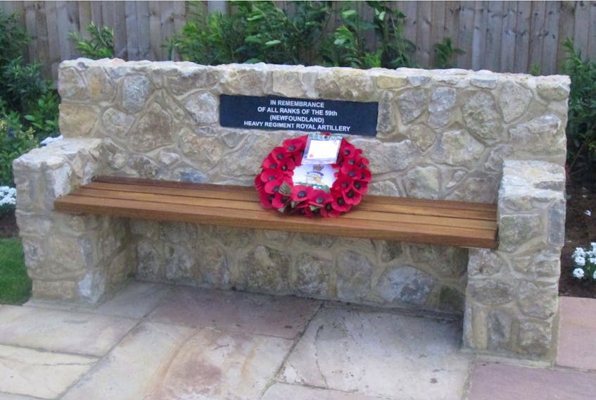 A stone seat with a plaque — dedicated July 2, 2016 — sits at the war memorial in Aldington, Kent, in remembrance of all ranks of the Royal Artillery 59th (Newfoundland) Heavy Regiment. The Newfoundland and Labrador soldiers played a key role during the war in the defence of the area and later on the offensive in France and Germany. — Susan Featherstone, Imperial War Museums website