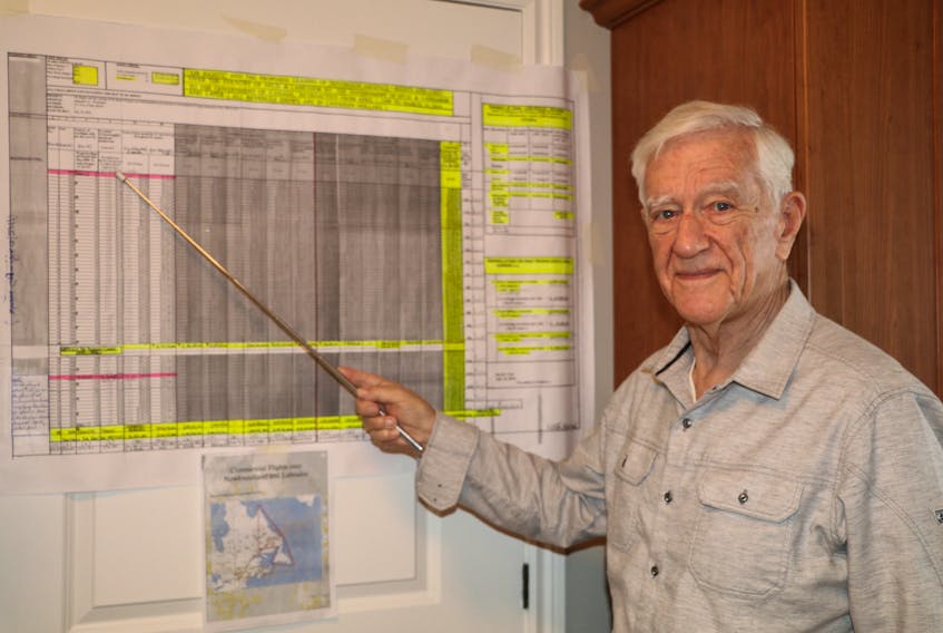 Retired engineer David Fox points to a chart with numbers he has compiled and calculated for each year since Newfoundland and Labrador’s confederation with Canada on airspace revenue he believes the province is owed.