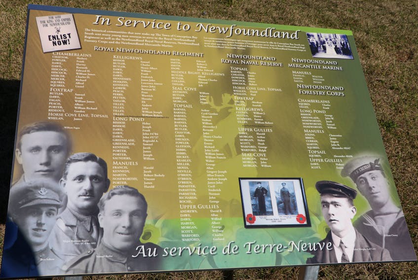 One of the interpretative panels at the Kiwanis Tommy Ricketts Memorial Peace Park in C.B.S. shows the various units young Newfoundlanders enlisted for during the First World War.