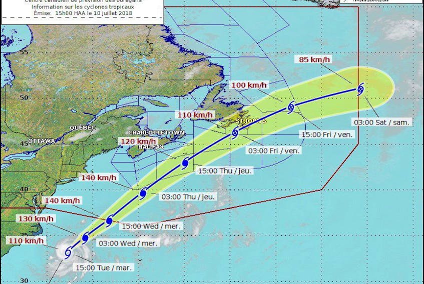 The projected course of tropical storm Chris is shown in this handout graphic. The storm is expected to move into the Maritime region overnight on Wednesday, when it will likely be downgraded to a post-tropical storm. While the system will have minimal impact on mainland Nova Scotia and Cape Breton, Newfoundland’s Avalon Peninsula can expect up to 30 millimetres of rain and wind gusts of up 80 km/h.