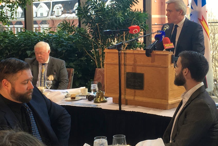 Premier Dwight Ball delivers a state-of-the-province address to the Rotary Club of St. John’s Thursday at the Sheraton Hotel Newfoundland.
