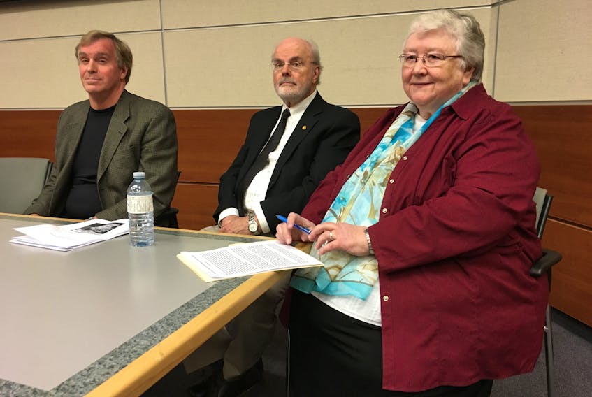 Panellists (from left) Stephen Tomblin, economist David Vardy and Sister Elizabeth Davis.