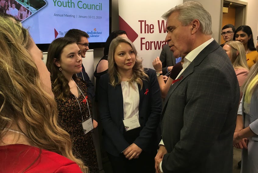 Premier Dwight Ball speaks to members of the Premier’s Youth Council at the Confederation Building in St. John’s on Friday afternoon, after a news conference with questions on the full day of meetings involving the council, premier and provincial ministers.