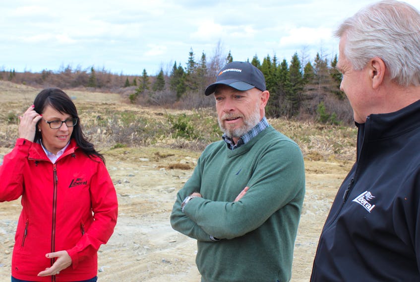 Pennecon executive chairman Larry Puddister (centre) explains the plans for the Smiling Land Organic Farm near Witless Bay to Liberal Leader Dwight Ball and Ferryland candidate Janis Ryan. Puddister hopes the 350-acre organic farm will be open next year.