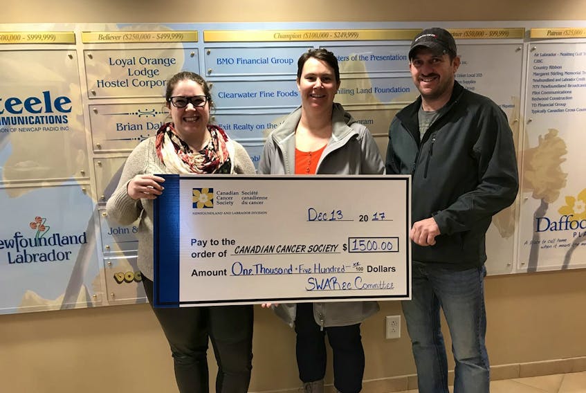 From left, Alexandra Stapleton accepts a cheque on behalf of Daffodil Place from two members of the Sou’West Arm Recreation Committee, Robin Meadus and Scott Meadus.