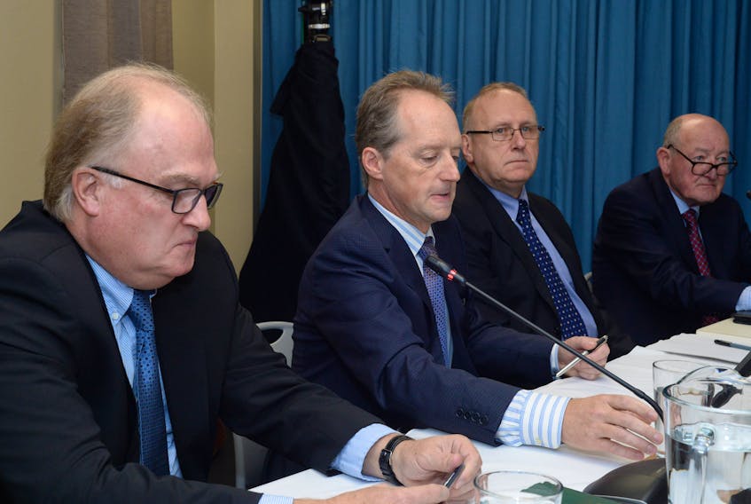 From left, former members of the board of directors of Nalcor Energy Tom Clift, Ken Marshall, Terry Styles and Gerry Shortall at the Muskrat Falls Inquiry on Monday.