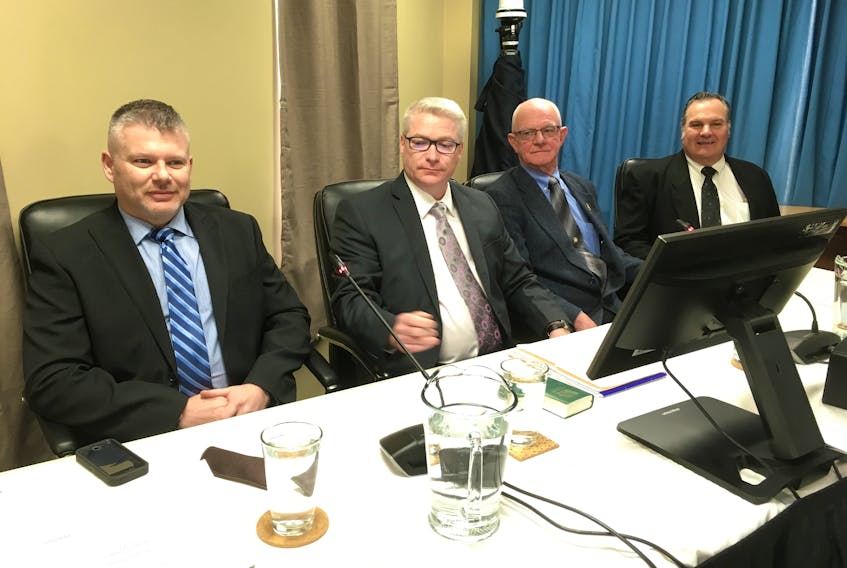 A workers’ panel was called at the Muskrat Falls Inquiry in St. John’s on Friday, March 15. The panel included (from left) Ed Knox, Perry Snook, Ken White and Larry Cavaliere.