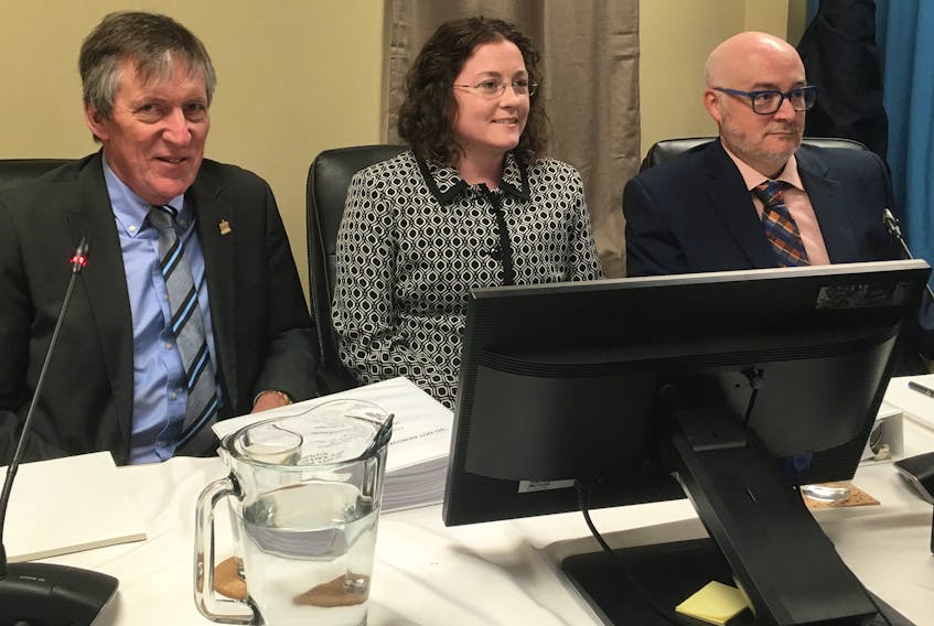 A panel of provincial government officials tackled questions at the Muskrat Falls Inquiry on how environment and health-related reports and assessments have been received and responded to by Nalcor Energy and the Government of Newfoundland and Labrador. The panel included (from left) Martin Goebel, the province’s senior adviser on methylmercury; Susan Squires, who became the province’s director of environmental assessment in 2017; and Jamie Chippett, deputy minister of the Department of Municipal Affairs and Environment.