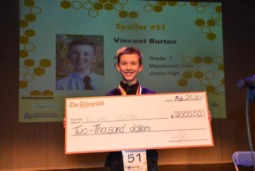 Vincent Burton, then a Grade 7 student at Macdonald Drive Junior High School, won the 2017 Telegram Spelling Bee. He will defend his title this year as one of 76 competitors in the 6th annual Telegram Spelling Bee slated for Holy Heart Theatre in St. John’s on Saturday at 2 p.m.