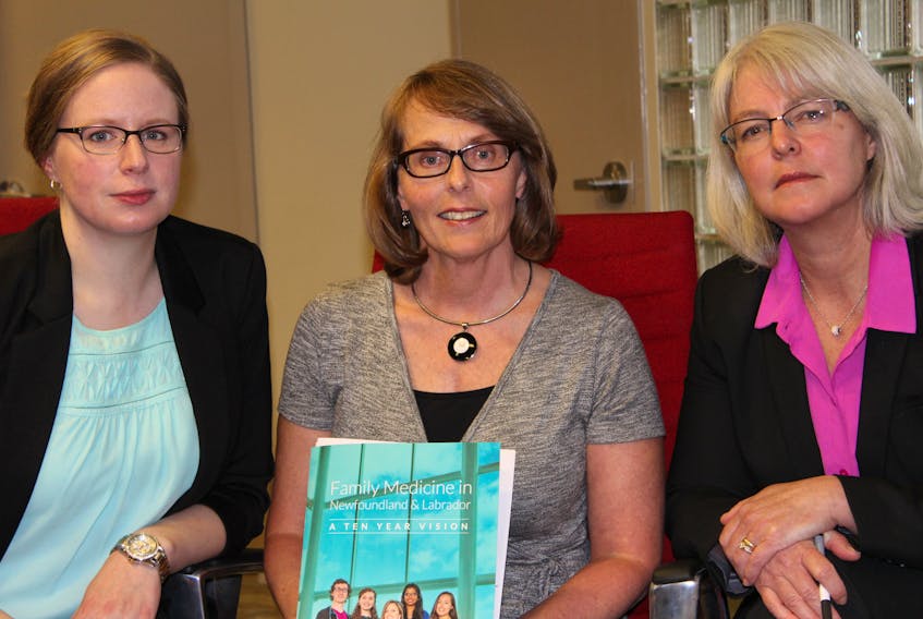 From left, Newfoundland and Labrador College of Physicians and Surgeons president Dr. Nicole Stockley, Newfoundland and Labrador Medical Association president Dr. Lynn Dwyer and Memorial University family medicine chairwoman Dr. Katherine Stringer at a news conference Tuesday.