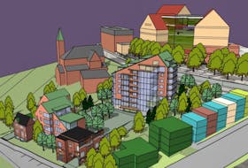 This image shows the proposed residential development – two structures that would be built adjacent to homes on Garrison Hill and across the road from The Rooms. - Computer screenshot