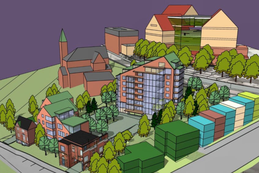 This image shows the proposed residential development – two structures that would be built adjacent to homes on Garrison Hill and across the road from The Rooms. - Computer screenshot