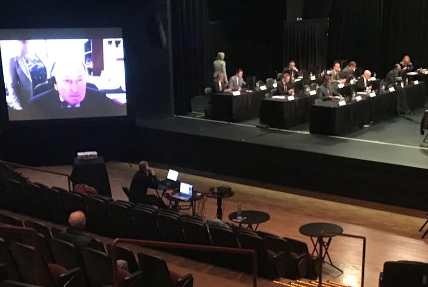 Keith Dodson is seen on a large screen at the Lawrence O’Brien Arts Centre in Happy Valley-Goose Bay, just prior to testifying at the Muskrat Falls Inquiry on Monday. Dodson was testifying by teleconference from the company’s head office in Houston, Texas.