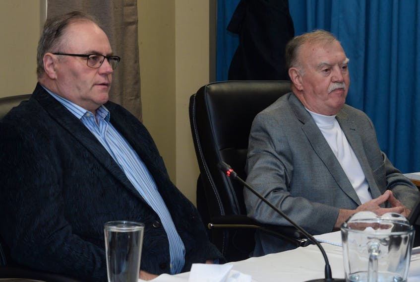 Tom Walsh (left) and Pat McCormack of the Newfoundland and Labrador Building Construction and Trades Council, began Monday afternoon’s testimony before Inquiry Commissioner Richard LeBlanc at the Commission of Inquiry Respecting the Muskrat Falls Project in St. John’s.