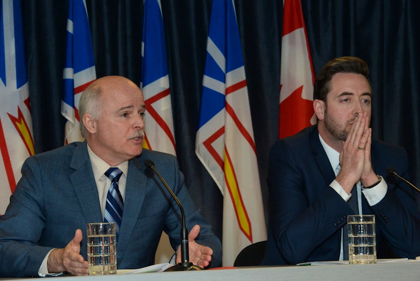 Finance Minister Tom Osborne (left) and Justice Minister Andrew Parsons provide details at a Monday news conference at the Confederation Building about the province’s new legislation related to the legalization of non-medical cannabis in the province.