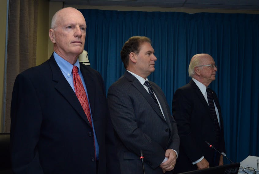 Former Manitoba Hydro International officials (from left) Mack Kast, Paul Wilson and Allen Snyder took to the witness seats Monday morning to begin the week’s proceedings at the Muskrat Falls Inquiry.