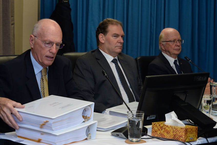 Former Manitoba Hydro International officials (from left) Mack Kast, Paul Wilson and Allen Snyder took to the witness seats again Tuesday morning to continue their testimony at the Commission of Inquiry Respecting the Muskrat Falls Project.