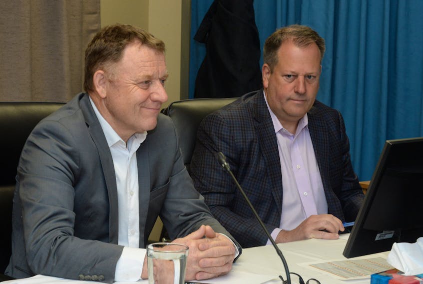 Thierry Martin (left) and Laszlo von Lazar of Grid Solutions Canada testified Friday at the Commission of Inquiry Respecting the Muskrat Falls Project at the Beothuck Building in St. John’s.